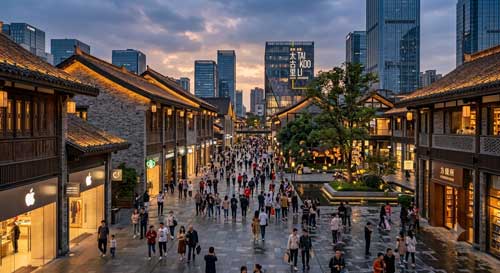 成都太古里川西民居风格商业步行街夜景及海绵城市透水铺装广场