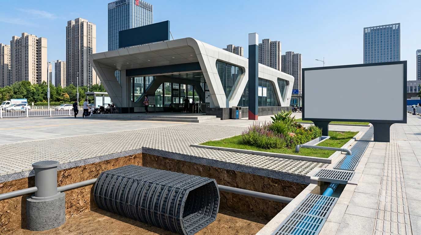地铁周边雨水调蓄池及生态植草沟工程结构剖面图，用于解析现代城市在极端暴雨中的防汛内涝治理与应急调蓄机制