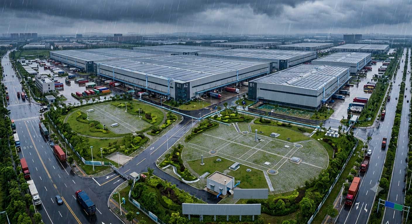 配置了雨水收集系统的大型物流园区,可以在强降雨时实现雨水瞬间排蓄 配置了雨水收集系统的大型物流园区,可以在强降雨时实现雨水瞬间排蓄