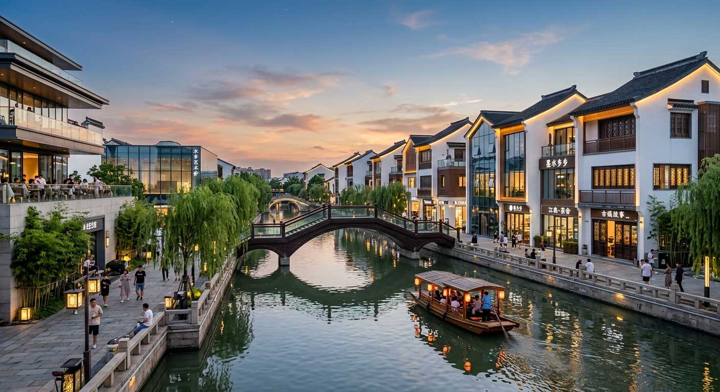 江南水乡现代商业街区河道与古镇建筑实景图：解析高地下水位区域雨水调蓄池抗浮设计
